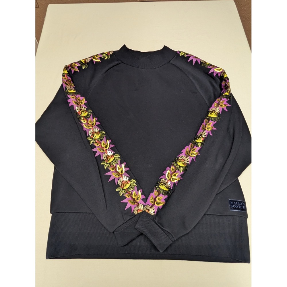 Maison Scotch Starwatcher Navy Blue Sequin Floral Raglan Sweatshirt
